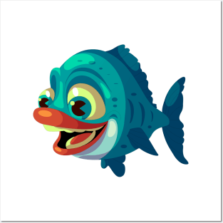 Blue Fish Lips Cartoon Illustration Posters and Art